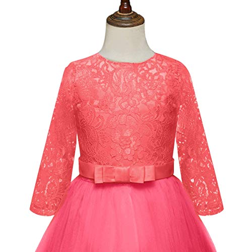 Vestido de Fiesta de Tul de Encaje Falda de Princesa para Niñas - 3/4 Largo Manga Boda Fiesta Graduación Comunión Cumpleaños Paseo Baile Cóctel Vestido de Novia Melon Rojo 9-10 Años