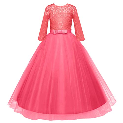 Vestido de Fiesta de Tul de Encaje Falda de Princesa para Niñas - 3/4 Largo Manga Boda Fiesta Graduación Comunión Cumpleaños Paseo Baile Cóctel Vestido de Novia Melon Rojo 9-10 Años