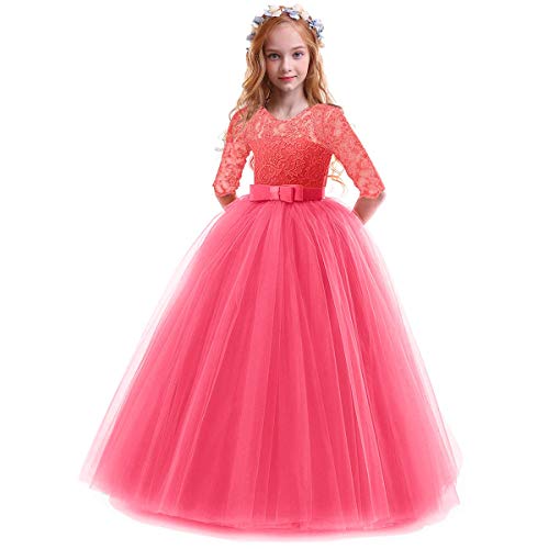 Vestido de Fiesta de Tul de Encaje Falda de Princesa para Niñas - 3/4 Largo Manga Boda Fiesta Graduación Comunión Cumpleaños Paseo Baile Cóctel Vestido de Novia Melon Rojo 9-10 Años