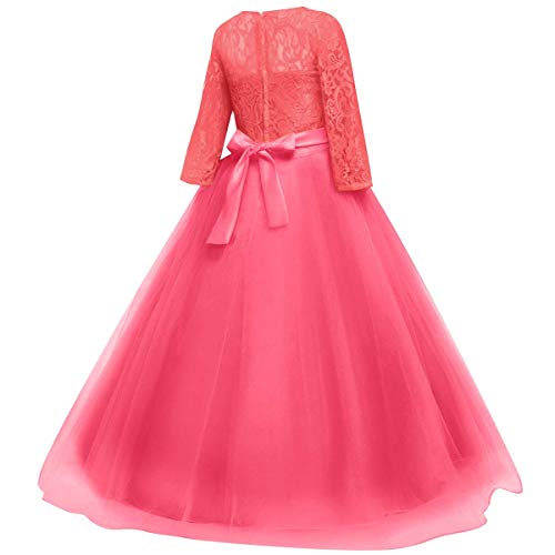 Vestido de Fiesta de Tul de Encaje Falda de Princesa para Niñas - 3/4 Largo Manga Boda Fiesta Graduación Comunión Cumpleaños Paseo Baile Cóctel Vestido de Novia Melon Rojo 9-10 Años