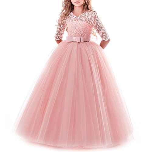 Vestido de niña de Flores para la Boda Princesa Largo Manga Vestidos de Dama De Honor Fiesta Tul Comunión Cumpleaños Bola Pageant Paseo Baile Maxi Cóctel Fotografía Vestir Rosa 2-3 Años