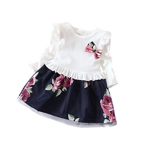 Vestido de Princesa de niña Verano con Estampado de Flores y Lazo de Manga Larga para niños Muchacha Encantadora Ropa de Bebe Casual 2019 Camisetas Tops riou