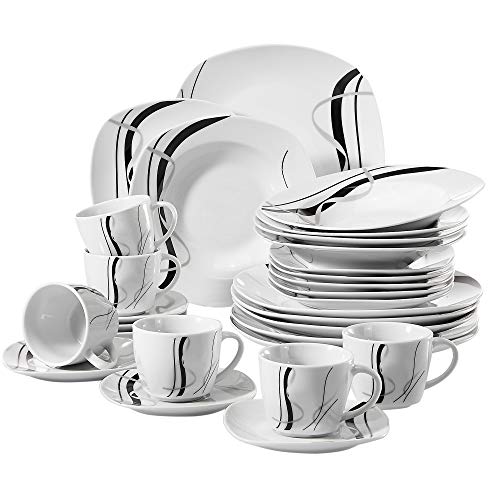 VEWEET Fiona 30 Piezas Vajillas de Porcelana Juegos con 6 Taza 175 ml, 6 Platillo, 6 Platos, 6 Platos de Postre y 6 Platos Hondos para 6 Personas