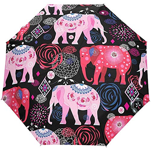 Vintage Elephant Mandala Floral Flower Ethnic Auto Open Umbrella Sun Rain Umbrella Anti UV Folding Compact Automatic Umbrella