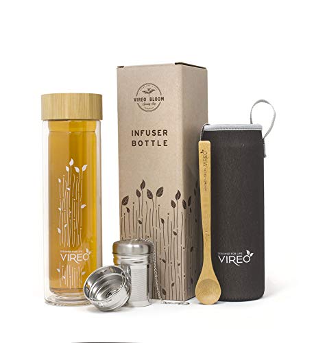 Vireo Botella Térmica de Cristal Té - Infusor de Pared Doble de Vidrio - Filtro Colador y Tapa de Acero Inoxidable - Diseño de Bambú Ecológico - Estuche de Transporte y Almacenador de Té Suelto