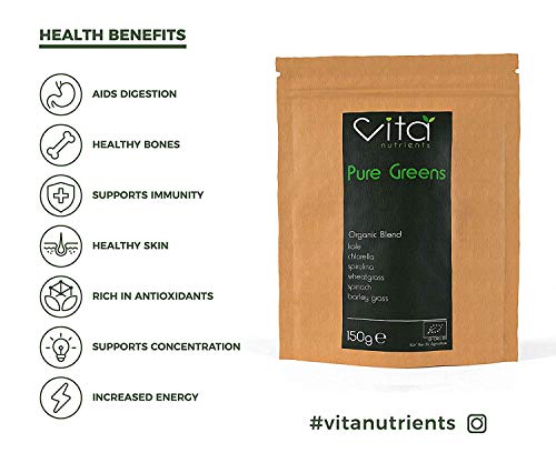 Vita Nutrients | Pure Greens | Super Comida en Polvo 150g | Mezcla para Batidos Ideal Supergreens | Vegano | Sin gluten | A base de plantas | Nutriente Denso