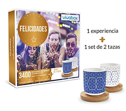 VIVABOX Caja Regalo -FELICIDADES- 3.400 Actividades memorables. Incluye: un Juego de 2 Tazas Originales con Platos de Madera