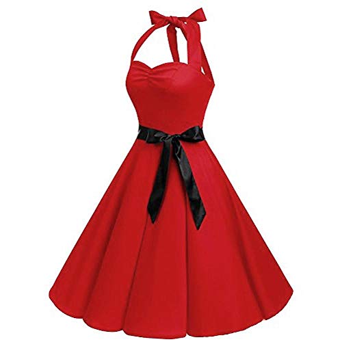 VJGOAL Mujer Primavera y Verano Moda Casual Sin Mangas Lunares Encaje Vintage Hepburn Columpio Cintura Alta Péndulo Grande Vestido Plisado Falda(x-Large,Rojo2)