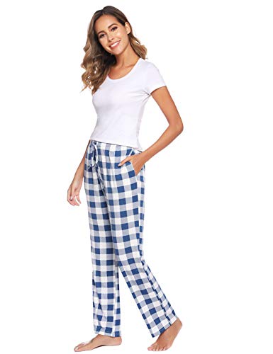 Vlazom Pantalones de Pijama a Cuadros para Mujer, Pantalones Casual de con Bolsillos para Ropa de Dormir S-XXL