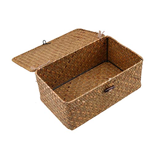 VOSAREA Cesta de Almacenaje con Tapa de Mimbre Tejido de Escalera Apilable para Organizador y Guardar de Maquillaje Ropa de Armario S (23x13x8CM)