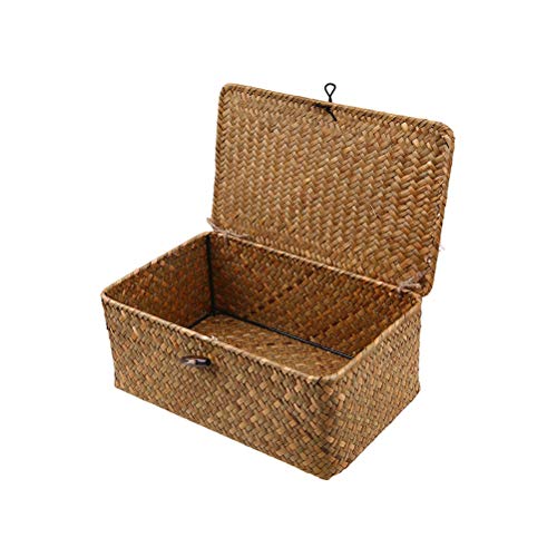 VOSAREA Cesta de Almacenaje con Tapa de Mimbre Tejido de Escalera Apilable para Organizador y Guardar de Maquillaje Ropa de Armario S (23x13x8CM)