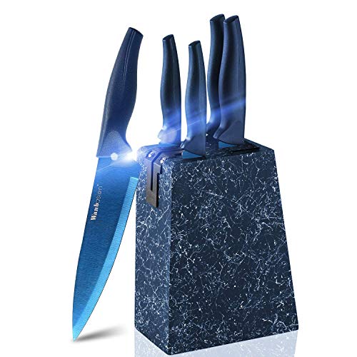 wanbasion 5 Piezas Azul Bloque para Cuchillos de Cocina Profesional Chef, Juego de Cuchillos de Cocina Acero Inoxidable, Set de Cuchillos de Cocina con Soporte Madera con Sacapuntas