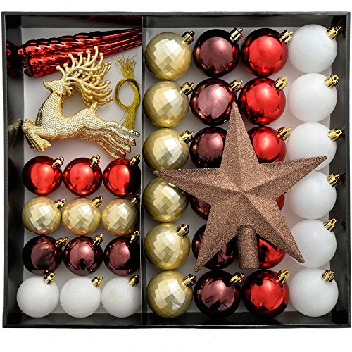 WeRChristmas Juego Bolas de Navidad irrompibles, Color Rojo, Blanco, Dorado, Chocolate, Bayas, 50 Piece