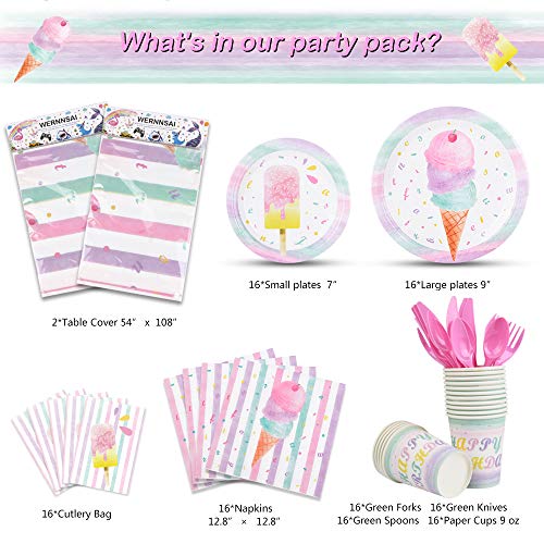 WERNNSAI Set de Suministros para Fiestas de Helados - Vajilla de Fiesta de Helado para Cumpleaños de niñas Mantel Desechable Platos Tazas Servilletas Cubiertos Bolsa Utensilios Para 16 personas 130PCS