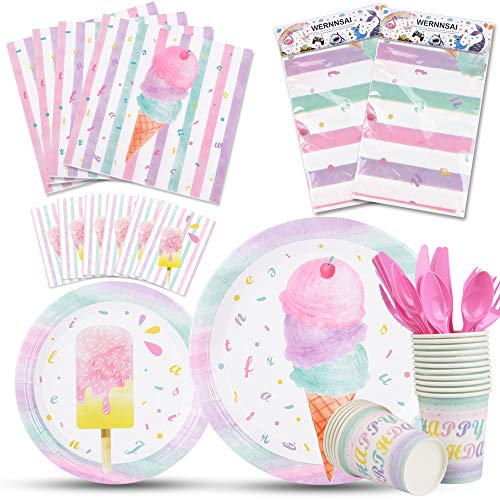 WERNNSAI Set de Suministros para Fiestas de Helados - Vajilla de Fiesta de Helado para Cumpleaños de niñas Mantel Desechable Platos Tazas Servilletas Cubiertos Bolsa Utensilios Para 16 personas 130PCS