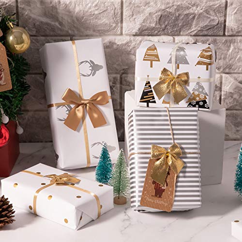 Whaline - Papel de regalo para Navidad, diseño de reno, color dorado y plateado, 6 diseños