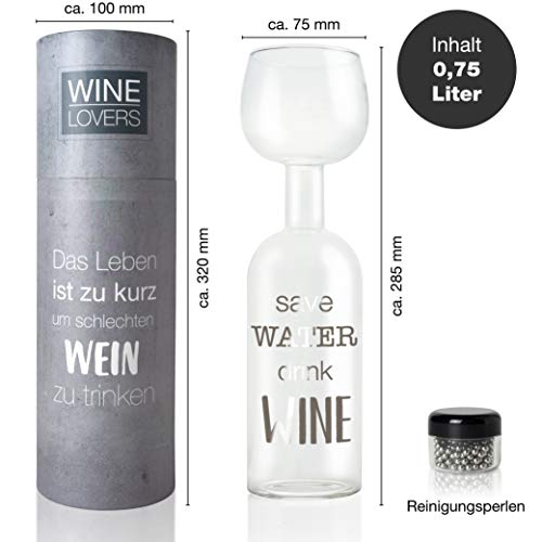 Wine Lovers Botella de Vino de Cristal con Copa Save Water, Drink Wine - Botella de Vino de Cristal XXL con Lema - Botella de Vino Ideal como Idea de Regalo Divertida - Bolas de Limpieza Incluidas