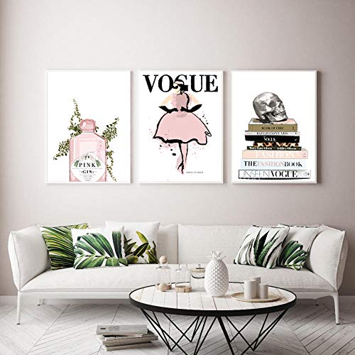 WKAQM Libro Vogue Chica Rosa Ginebra Lienzo Pintura Moda Carteles Y Grabados Minimalista Pared Arte Imagen para Sala Hogar DecoracióN 40 × 60 Cm × 3 Sin Marco