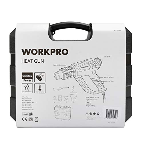 WORKPRO Pistola de Aire Caliente Decapadora Profesional 2000W 230V/50Hz Cable de 2m con 6 Accesorios 50-400-600℃ 250-500 L/min