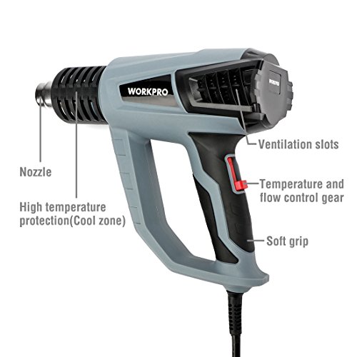 WORKPRO Pistola de Aire Caliente Decapadora Profesional 2000W 230V/50Hz Cable de 2m con 6 Accesorios 50-400-600℃ 250-500 L/min