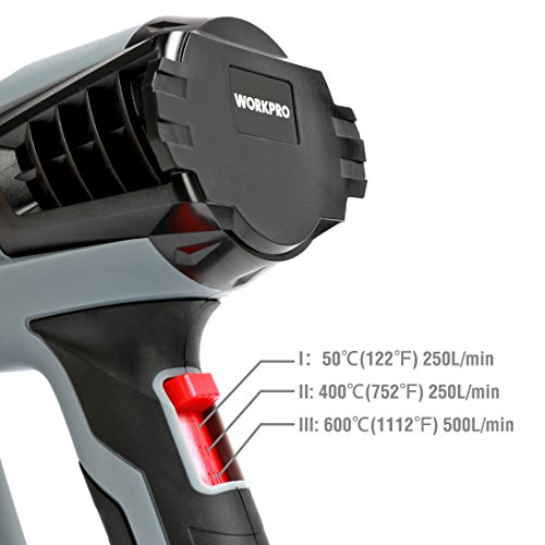 WORKPRO Pistola de Aire Caliente Decapadora Profesional 2000W 230V/50Hz Cable de 2m con 6 Accesorios 50-400-600℃ 250-500 L/min