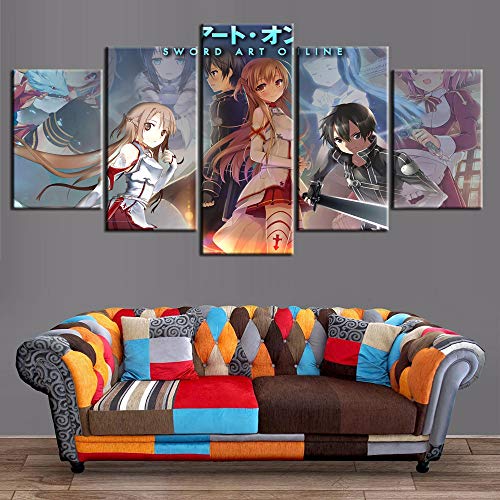 WSQQT Impresiones sobre Lienzo 5 Piezas Sword Art Online Anime Decoración Pintura Cuadros Modulares Cocina Restaurante Lienzo Póster (Sin Marco) Tamaño B