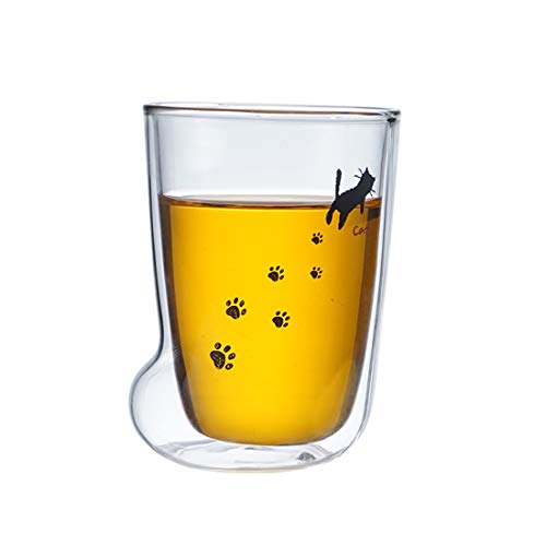 Xianheng-Vasos Agua Cristal Set de 6 Lindo Vaso de Cristal Hogar Creativo Vaso de Pie de Gato de Vidrio de Doble Vaso Resistente al Calor Patrón de Dibujos Animados 300ML