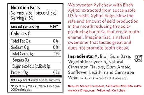 Xylichew 100% de xilitol chewing gum tarros - no ogm, gluten, aspartamo, y la goma sin azúcar aliento -bad y sequedad de boca 60 unidades canela