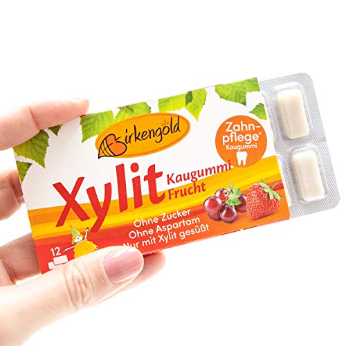 Xylitol Goma de mascar fruta, chicles dentales, 100% sin azúcar, caja de 24 blisters (12 piezas por blister), sin aspartamo, vegetariana, amigable con los dientes