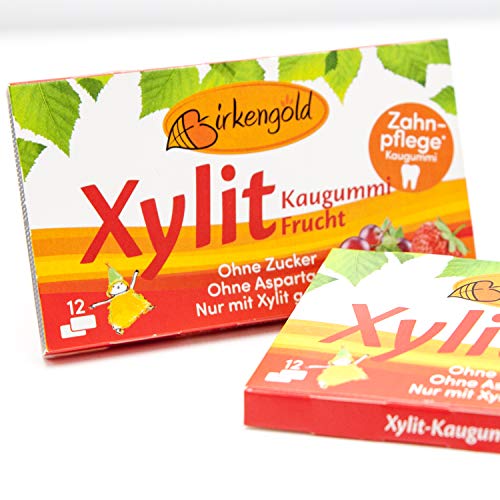 Xylitol Goma de mascar fruta, chicles dentales, 100% sin azúcar, caja de 24 blisters (12 piezas por blister), sin aspartamo, vegetariana, amigable con los dientes