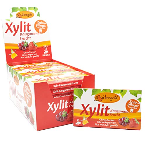 Xylitol Goma de mascar fruta, chicles dentales, 100% sin azúcar, caja de 24 blisters (12 piezas por blister), sin aspartamo, vegetariana, amigable con los dientes