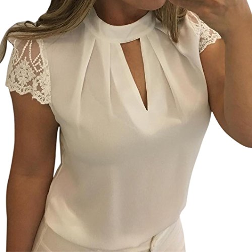 Yeamile Camiseta de Mujer Tops Suelto Blusa Causal Camisetas Ocasionales Blusa del Cordón Top del Empalme de Manga Corta Camisa Blanca de Gasa de Las Mujeres (Blanco, S)