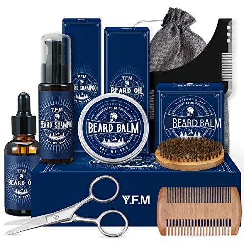 Y.F.M Kit Barba Cuidado para Hombre 13Pcs, Champu Barba, Peine, Cepillo Barba, Aceite, Balsamo, Tijeras, Guía Barba, bolsa de lona, delantal con ventosas, Regalos de Halloween, Regalos para hombres