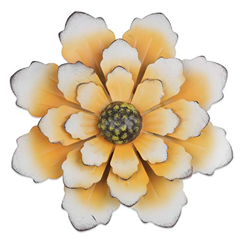 YiYa 33CM Decoración de pared de flores de metal Múltiples capas Arte de pared de flores Decoraciones de arte de pared Colgante para balcón Patio Porche Dormitorio Sala de estar Jardín(Blanco Naranja)