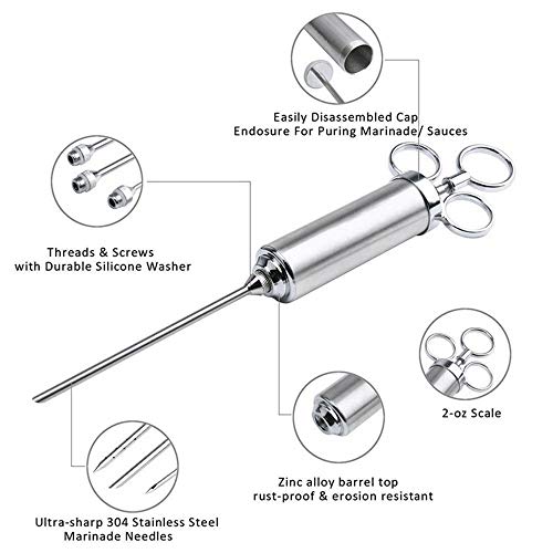 Y&J Jeringa de Carne, el Secreto para Hacer Carne tierna y jugosa, Cabezal de jeringa de Acero Inoxidable de Alta Capacidad con 3 Agujas en escabeche, fácil de Usar y Limpiar