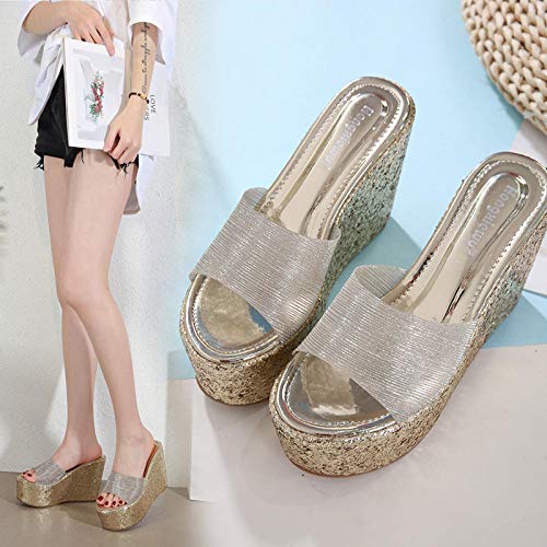 ypyrhh Sandalias destalonadas con Tiras,Sandalias con Plataforma de tacón de cuña y Boca de pez,Zapatillas de bizcocho-Dorado_34,Sandalias de Ducha Antideslizantes