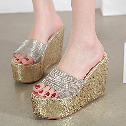 ypyrhh Sandalias destalonadas con Tiras,Sandalias con Plataforma de tacón de cuña y Boca de pez,Zapatillas de bizcocho-Dorado_34,Sandalias de Ducha Antideslizantes