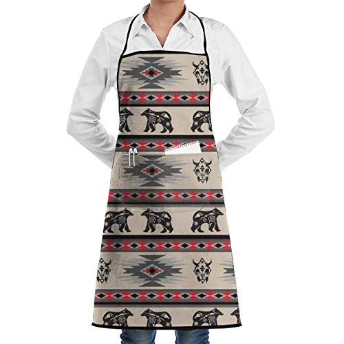 Yuanmeiju American Native Bear Buffalo Stripe Chef Delantal with Pockets Grill Delantals For Women Men Kitchen Cooking Baking BBQ