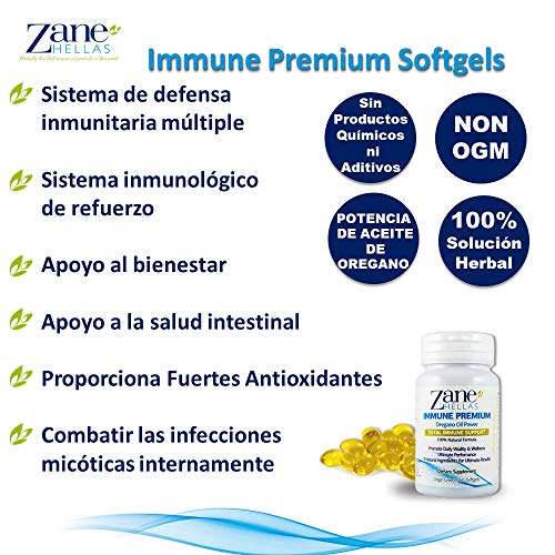 Zane Hellas Immune Premium Softgels. Apoyo Inmunológico. Sistema de Defensa Múltiple. Apoyo para el bienestar. Proporciona Antioxidantes Fuertes. Solución 100% Herbal. 60 cápsulas blandas.