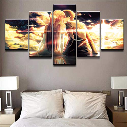 ZEMER Póster Decorativo Wall Art Picture 5 Panel Impresiones Cuadros En Lienzo Anime Sword Art Online Pintura Cuadros Modulares para Habitación De Niños,B,40x60x2+40x80x2+40x100x1