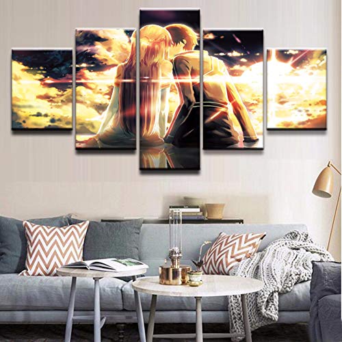 ZEMER Póster Decorativo Wall Art Picture 5 Panel Impresiones Cuadros En Lienzo Anime Sword Art Online Pintura Cuadros Modulares para Habitación De Niños,B,40x60x2+40x80x2+40x100x1