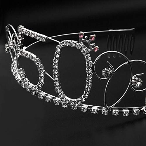 ZWOOS Tiara Cristal Diadema Corona Cumpleaños Corona Princesa Decoracion fiesta Feliz Cumpleaños de Número 50 con Satin Sash