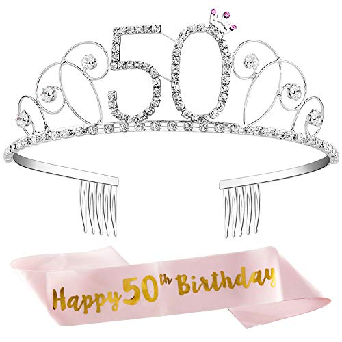 ZWOOS Tiara Cristal Diadema Corona Cumpleaños Corona Princesa Decoracion fiesta Feliz Cumpleaños de Número 50 con Satin Sash